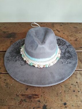 Women's Grey Suede Wide-Brim Hat with Beaded Trim